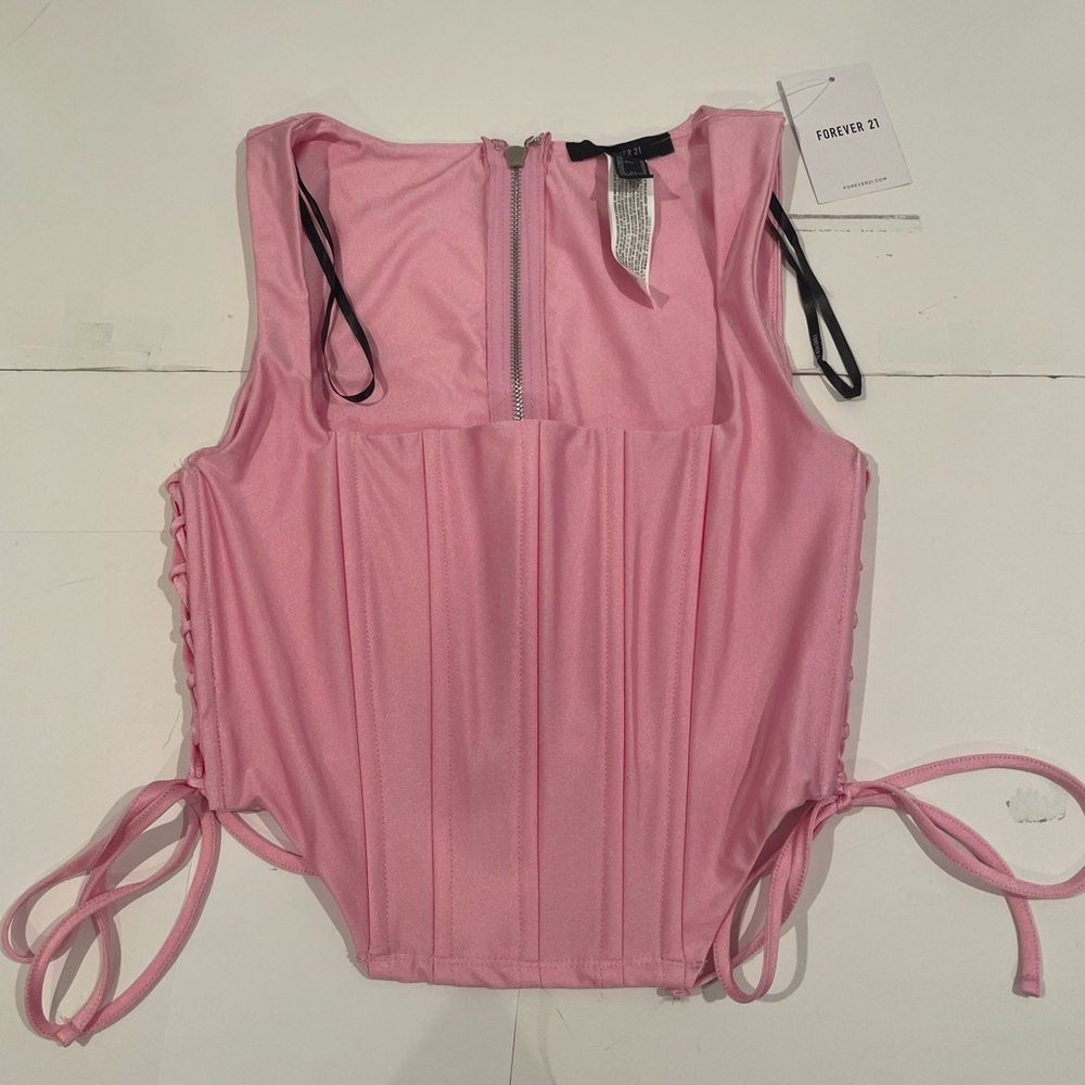 Forever 21 Pink Corset Top Womens Size M Back Zip Side Buckles Square Neck Satin